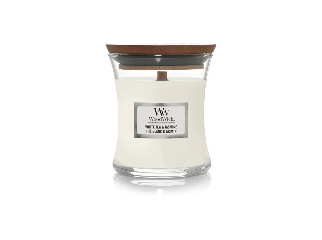 Woodwick White Tea & Jasmin vonná sviečka 275 g, doba horenia 52-68 hodín