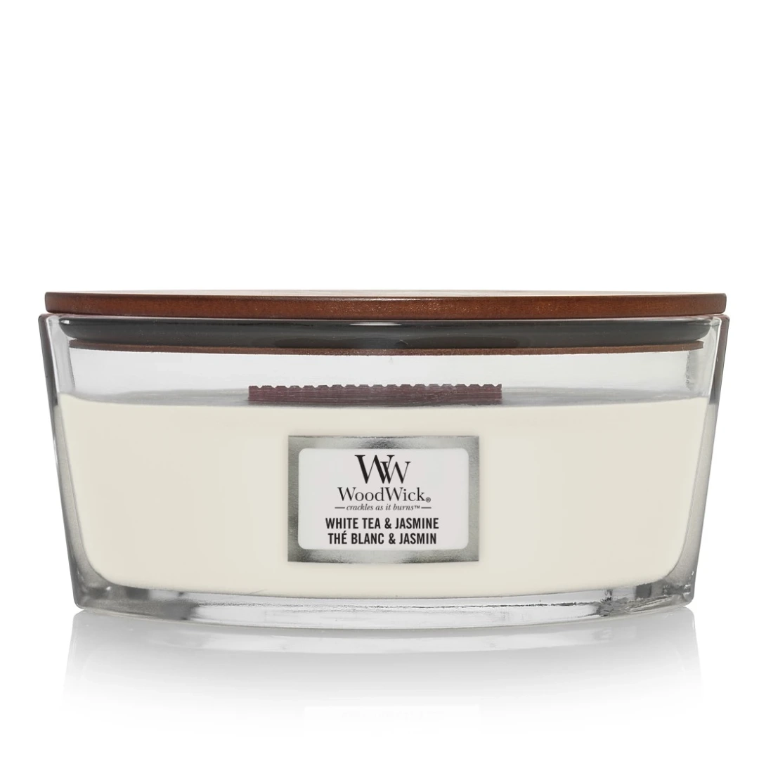 Woodwick White Tea & Jasmin vonná sviečka 453 g, doba horenia 40 - 70 hodín