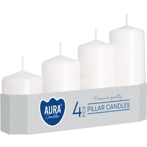 AURA adventné sviečky 4 ks, výška 7 - 13 cm, Ø 4,8 cm, 105-200 g, doba horenia 11-33 hodín, biela/naturál
