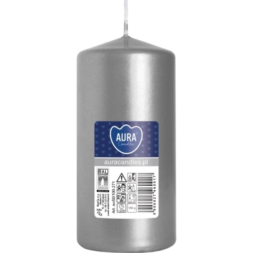 AURA sviečka valec, 10 cm, Ø 5 cm, 150 g, doba horenia 20 hodín, strieborná metalická