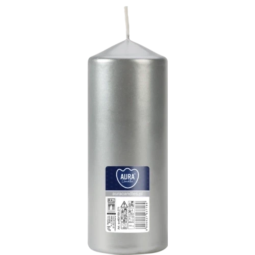 AURA sviečka valec 15 cm, Ø  6 cm, 330 g, doba horenia 48 hodín, strieborná metalická