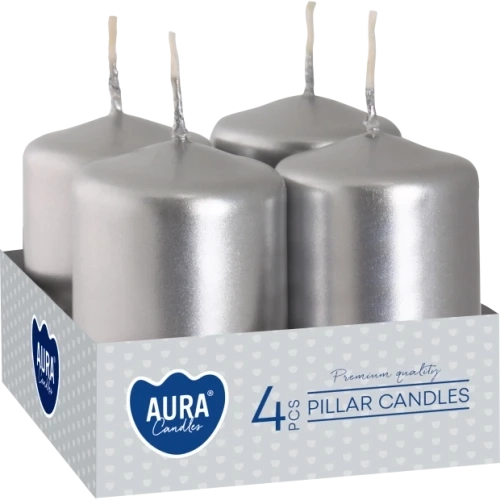 AURA Adventné sviečky 4 x 55 g, výška 6 cm, Ø  3,8 cm, doba horenia 7 hodín, strieborná metalická