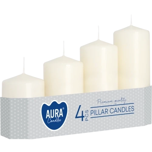 AURA adventné sviečky 4 ks, výška 7 - 13 cm, Ø 4,8 cm, 105-200 g, doba horenia 11-33 hodín, slonovinová