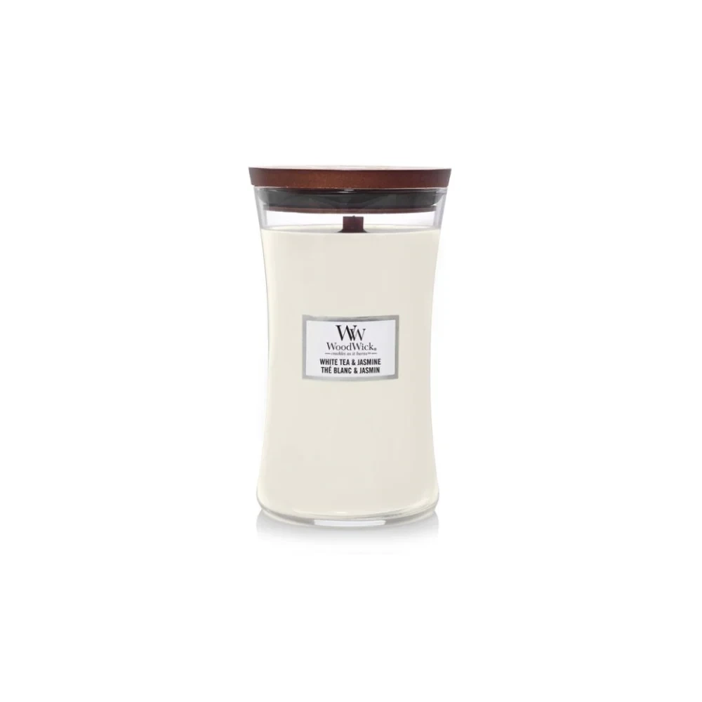 Woodwick white Tea & Jasmine 610 g, doba horenia 136 - 176 hodín