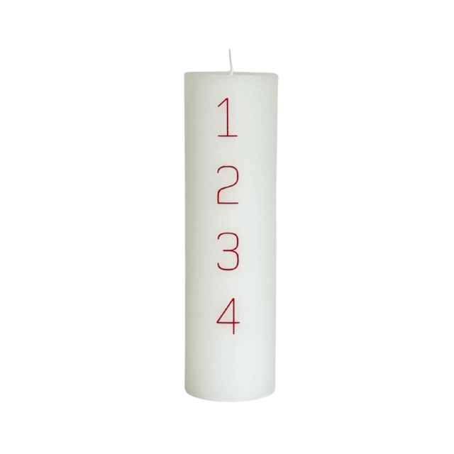 Stĺpcová sviečka Advent 24 cm, biela, červené čísla