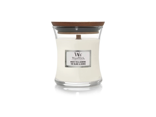 Woodwick White Tea & Jasmin vonná sviečka 275 g, doba horenia 52-68 hodín