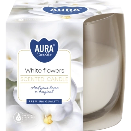 AURA White flowers vonná sviečka, 130 g, doba horenia 23 hodín