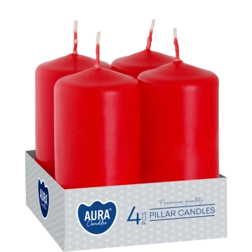 AURA adventné sviečky 4 x 80 g, výška 8 cm, Ø 3,8 cm, doba horenia 9 hodín, červená