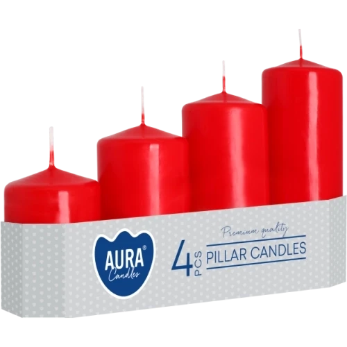 AURA adventné sviečky 4 ks, výška 7 - 13 cm, Ø 4,8 cm, 105-200 g, doba horenia 11-33 hodín, červená