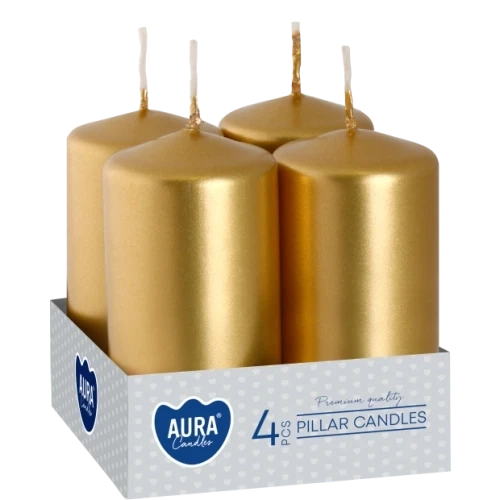 AURA adventné sviečky 4 x 80 g, výška 8 cm, Ø 3,8 cm, doba horenia 9 hodín, zlatá metalická