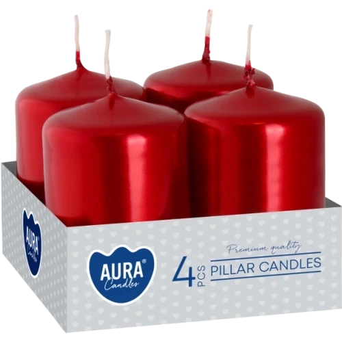 AURA Adventné sviečky 4 x 55 g, výška 6 cm, Ø  3,8 cm, doba horenia 7 hodín, červená metalická