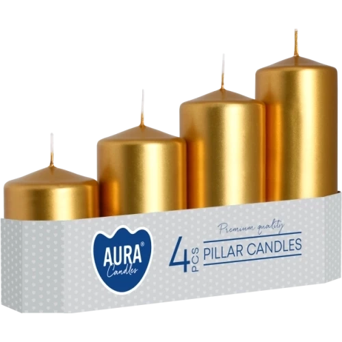 AURA adventné sviečky 4 ks, výška 7 - 13 cm, Ø 4,8 cm, 105-200 g, doba horenia 11-33 hodín, zlatá metalická