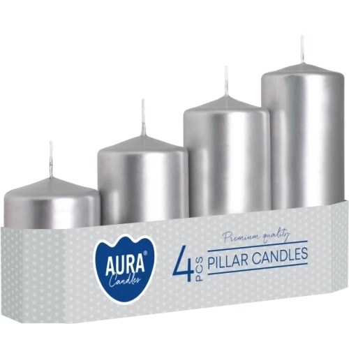AURA adventné sviečky 4 ks, výška 7 - 13 cm, Ø 4,8 cm, 105-200 g, doba horenia 11-33 hodín, strieborná metalická