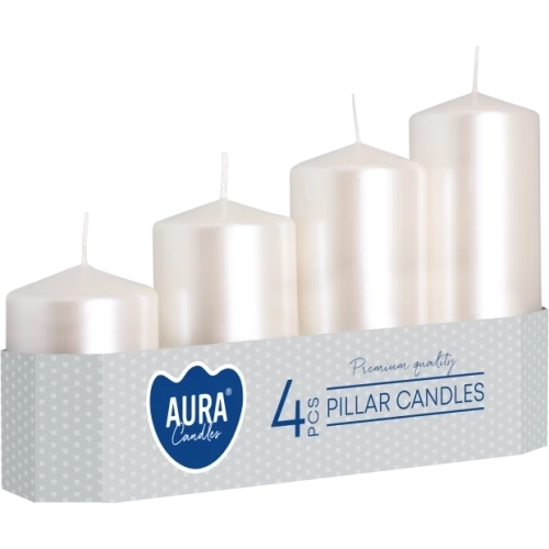 AURA adventné sviečky 4 ks, výška 7 - 13 cm, Ø 4,8 cm, 105-200 g, doba horenia 11-33 hodín, perleťová metalická