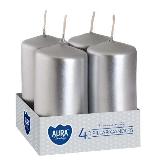 AURA adventné sviečky 4 x 80 g, výška 8 cm, Ø 3,8 cm, doba horenia 9 hodín, strieborná metalická
