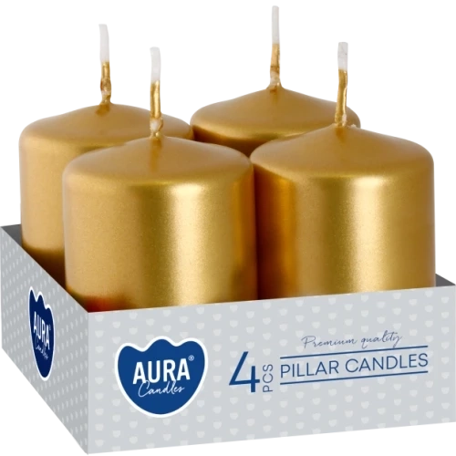 AURA Adventné sviečky 4 x 55 g, výška 6 cm, Ø  3,8 cm, doba horenia 7 hodín, zlatá metalická