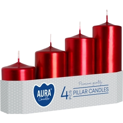 AURA adventne sviečky 4 ks, výška 7 - 13 cm, Ø 4,8 cm, 105-200 g, doba horenia 11-33 hodín, červená metalická