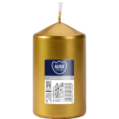 AURA sviečka valec, 10 cm, Ø 6 cm, 210 g, doba horenia 30 hodín, zlatá metalická