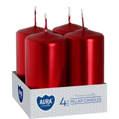 AURA adventné sviečky 4 x 80 g, výška 8 cm, Ø 3,8 cm, doba horenia 9 hodín, červená metalická