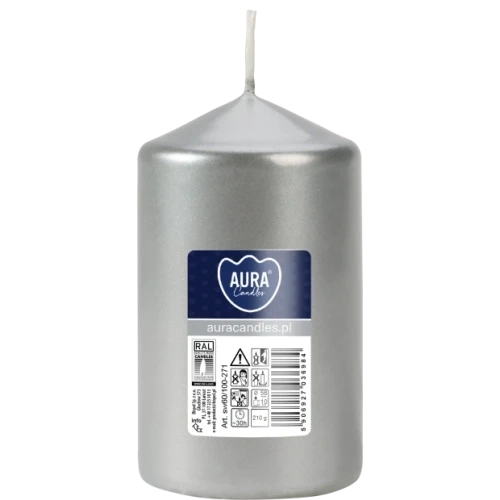 AURA sviečka valec, 10 cm, Ø 6 cm, 210 g, doba horenia 30 hodín, strieborná metalická
