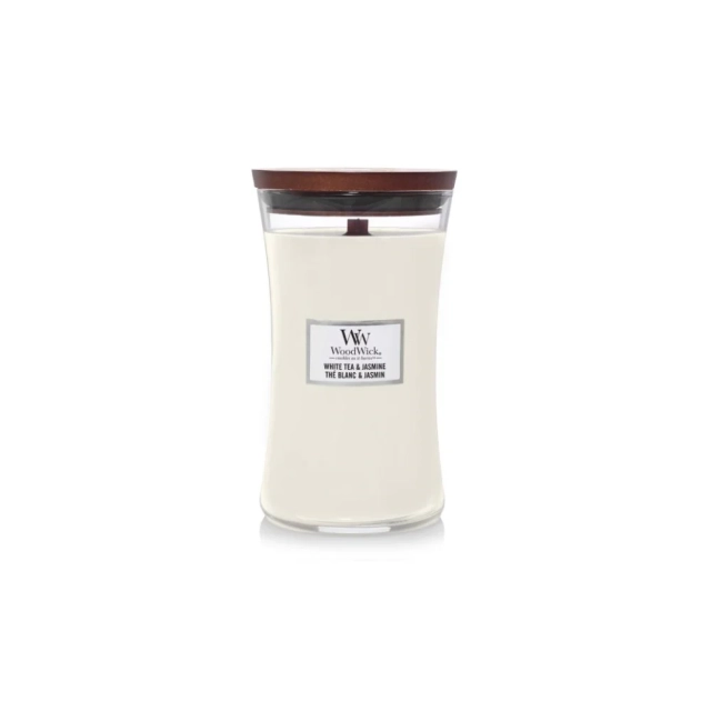 Woodwick white Tea & Jasmine 610 g, doba horenia 136 - 176 hodín